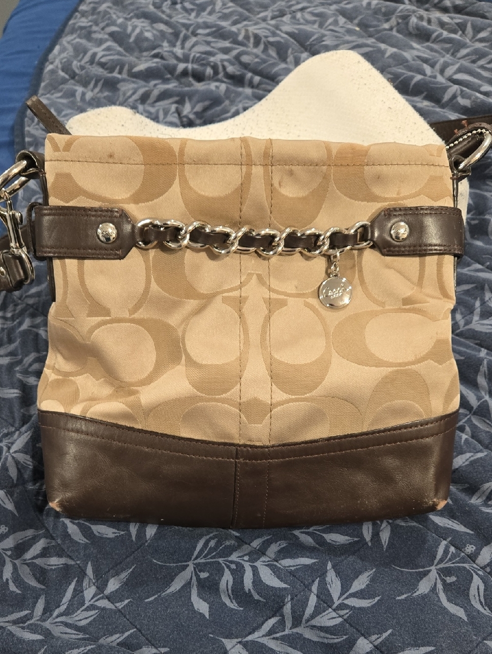 Coach Tan Signature Canvas Crossbody with Brown Leather Trim and Silver Chain